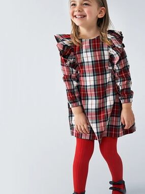 Mayoral Red Plaid Ruffle Shoulder Dress